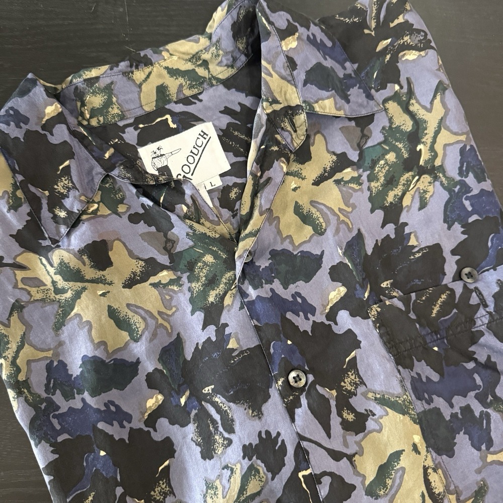 Vintage Goouch Button Up Shirt Men L Silk Abstract Leaves 90s Hawaiian Camp Y2K